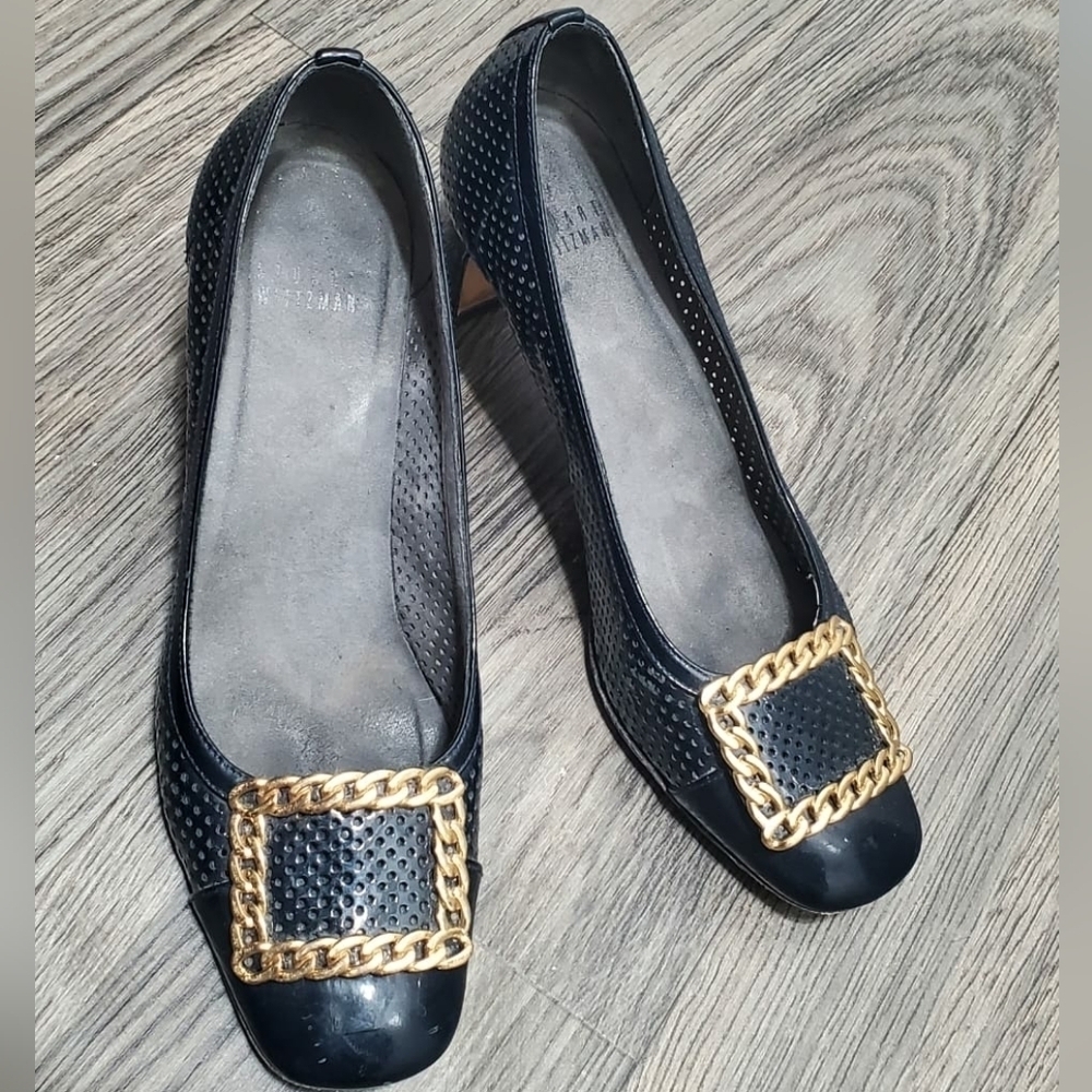 Stuart Weitzman Patent Leather Gold Crested Heeled Pumps Shoe BlueBlack 8.5 🌴✌️ - Picture 6 of 13